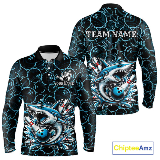 Black and Blue Camo Shark Bowling Polo, Quarter Zip Shirt For Men Custom Team Shark Bowling jerseys NQS11338