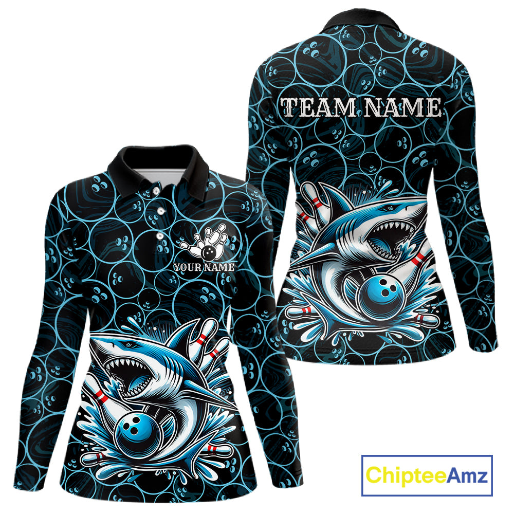Black and Blue Camo Shark Bowling Polo, Quarter Zip Shirt For Women Custom Team Shark Bowling jerseys NQS11338