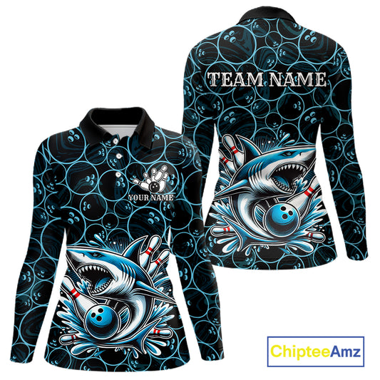 Black and Blue Camo Shark Bowling Polo, Quarter Zip Shirt For Women Custom Team Shark Bowling jerseys NQS11338