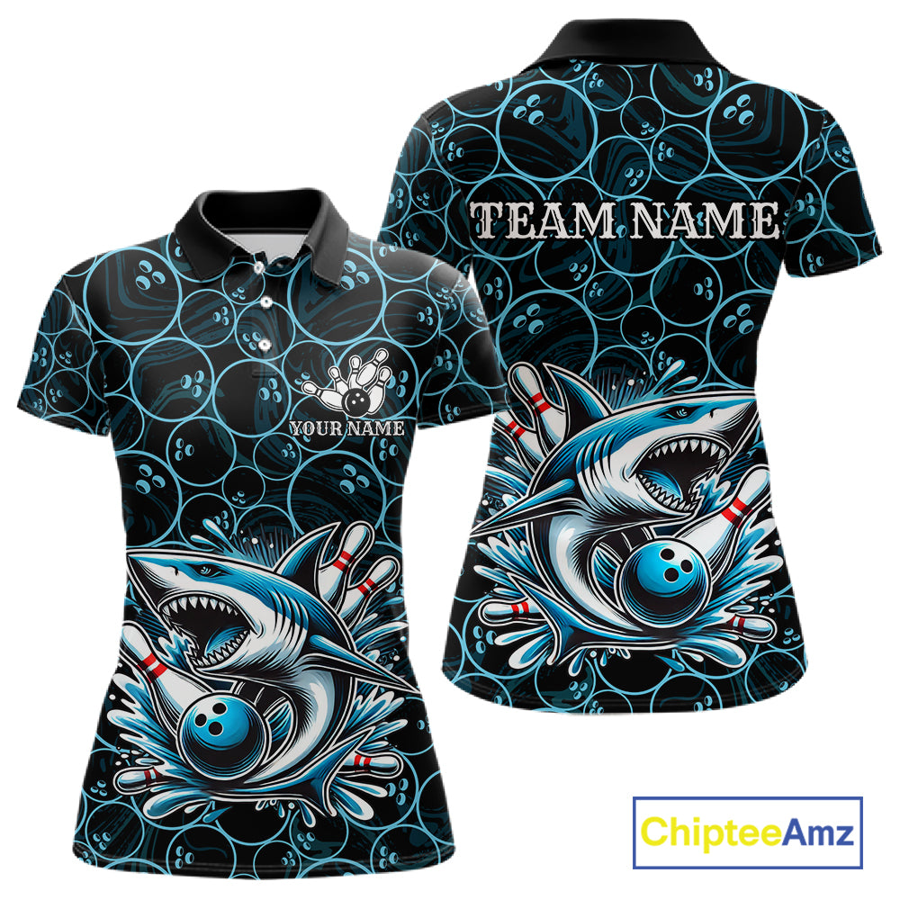 Black and Blue Camo Shark Bowling Polo, Quarter Zip Shirt For Women Custom Team Shark Bowling jerseys NQS11338