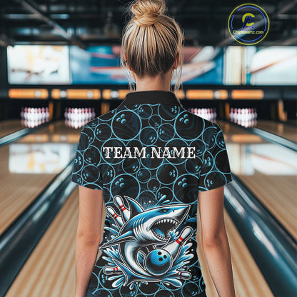 Black and Blue Camo Shark Bowling Polo, Quarter Zip Shirt For Women Custom Team Shark Bowling jerseys NQS11338