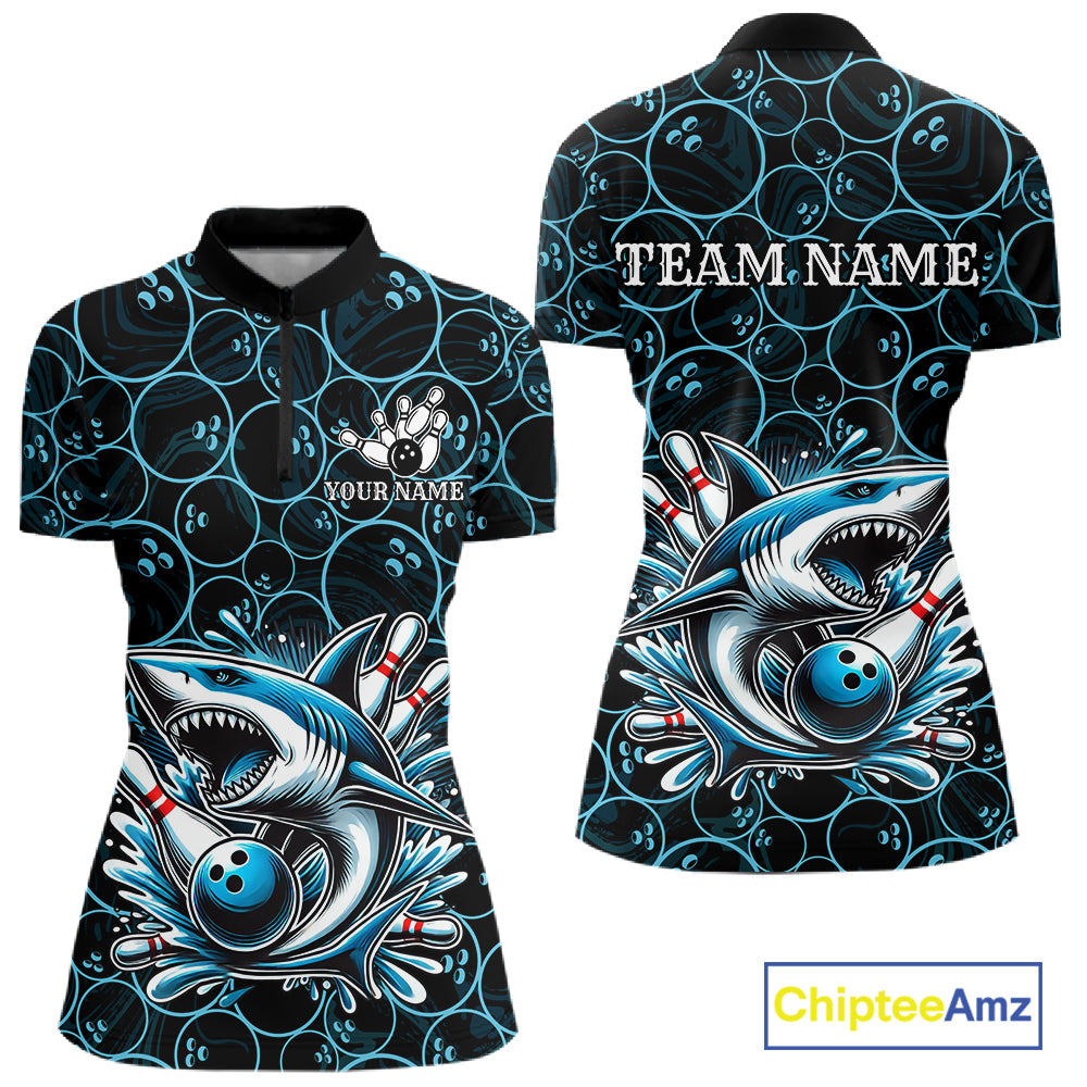 Black and Blue Camo Shark Bowling Polo, Quarter Zip Shirt For Women Custom Team Shark Bowling jerseys NQS11338