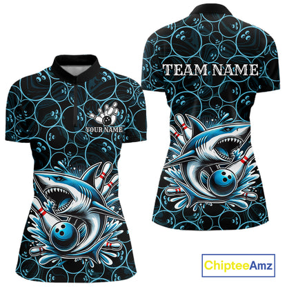 Black and Blue Camo Shark Bowling Polo, Quarter Zip Shirt For Women Custom Team Shark Bowling jerseys NQS11338