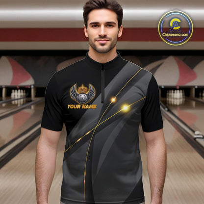 Black and Gold Crown Bowling ball wings Bowling Shirts For Men Custom Bowling Team Outfits NQS10549