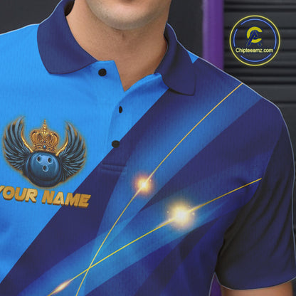 Blue and Gold Crown Bowling ball wings Bowling Shirts For Men Custom Bowling Team Outfits NQS10550