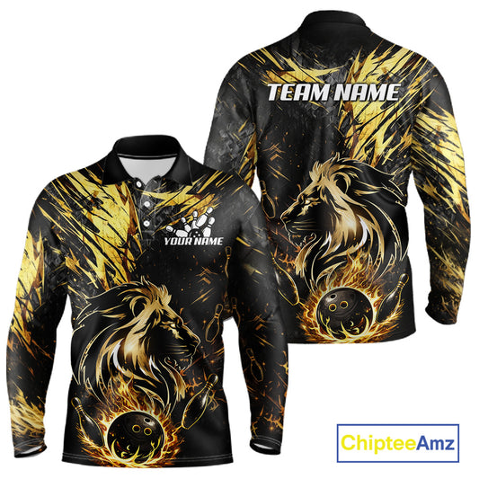 Black and Gold Lion Bowling Polo, 1/4 Zip Shirt for Men Custom Lion Bowling Team jerseys NQS11682
