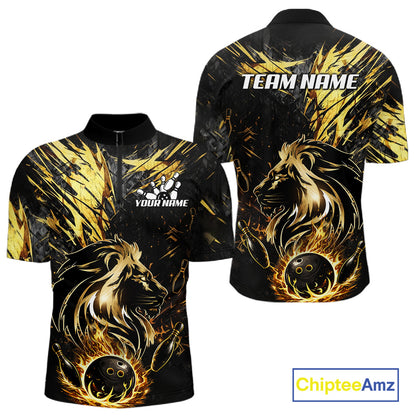 Black and Gold Lion Bowling Polo, 1/4 Zip Shirt for Men Custom Lion Bowling Team jerseys NQS11682