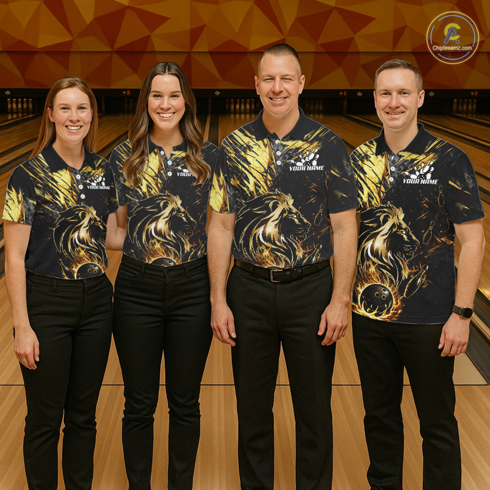 Black and Gold Lion Bowling Polo, 1/4 Zip Shirt for Men Custom Lion Bowling Team jerseys NQS11682
