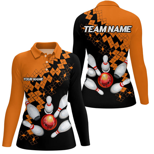 Black and Orange bowling jerseys Polo, 1/4 Zip Shirt for Women Custom Bowling Team shirts for bowlers NQS7708