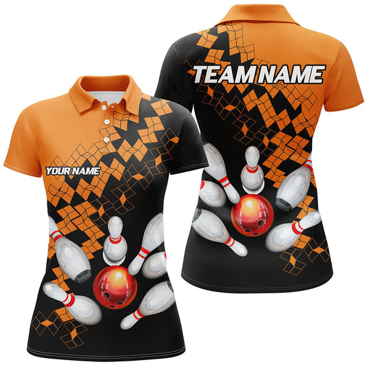 Black and Orange bowling jerseys Polo, 1/4 Zip Shirt for Women Custom Bowling Team shirts for bowlers NQS7708
