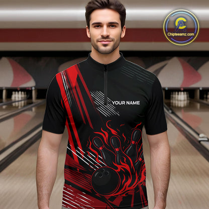 Black and Red Flame Bowling Polo, Quarter Zip Shirts For Men Custom Bowling Outfit Team Jerseys NQS10192