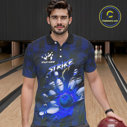 Blue Camo strike Men's Bowling Polo, Quarter Zip Shirt Custom Team Bowling jersey, gift for bowler NQS10343