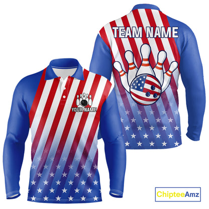 Red, White and Blue US Flag Bowling Shirts for Men Custom Patriotic Bowling Team Jerseys NQS11148