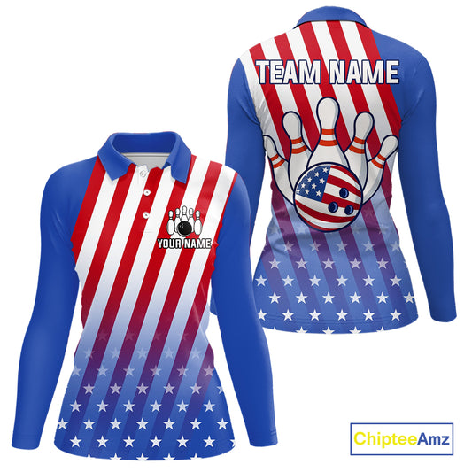 Red, White and Blue US Flag Bowling Shirts for Women Custom Patriotic Bowling Team Jerseys NQS11148