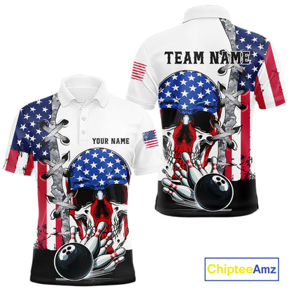 American Flag Skull Bowling Polo, Quarter Zip Shirts for Men Custom Patriotic Bowling Team jerseys NQS11694