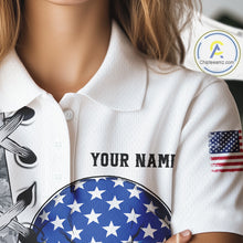Load image into Gallery viewer, American Flag Skull Flame Golf Ball Womens Golf Polo shirts Custom Patriotic golf attire for ladies NQS11695