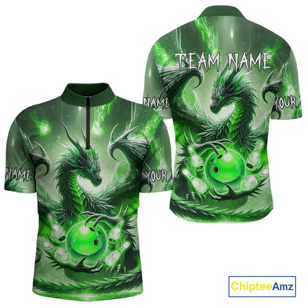 Personalized Green Lights Dragon Mens Bowling Polo, 1/4 Zip Shirt Custom Team Bowling League Jersey NQS10199