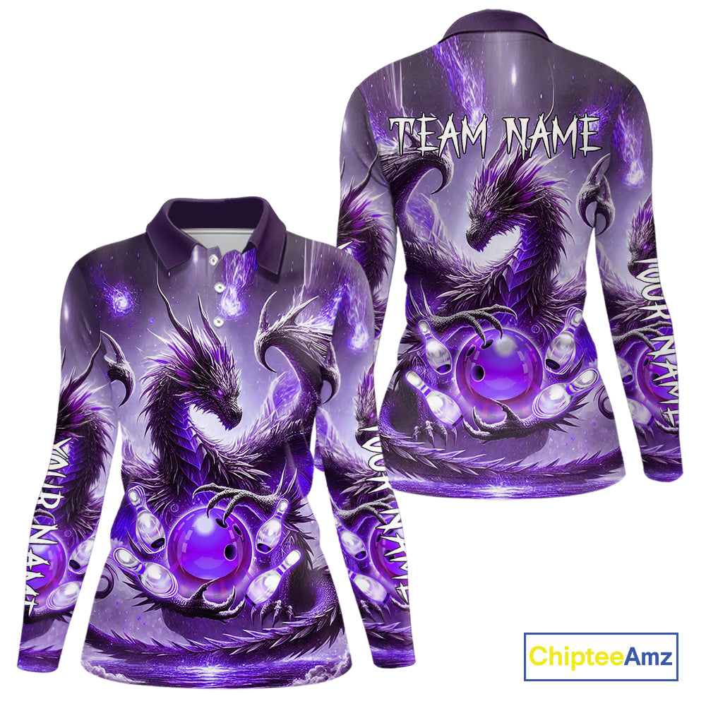 Personalized Purple Lights Dragon Women Bowling Polo, 1/4 Zip Shirt Custom Team Bowling League Jersey NQS10200