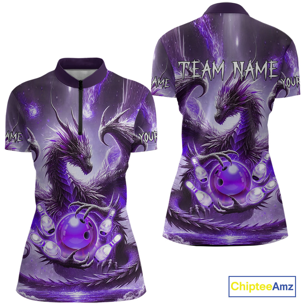 Personalized Purple Lights Dragon Women Bowling Polo, 1/4 Zip Shirt Custom Team Bowling League Jersey NQS10200