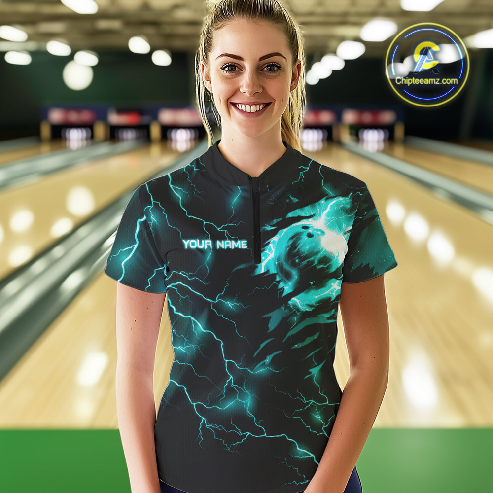 Cyan Blue lightning thunder bowling American flag Eagle custom Womens Bowling Polo, Quarter Zip Shirt NQS10558