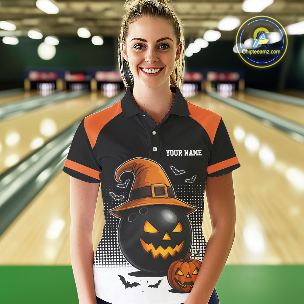 Black and Orange Funny Halloween Bowling Polo, 1/4 Zip Shirts For Women Custom team Bowling jersey NQS10780