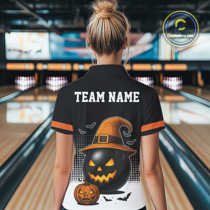 Black and Orange Funny Halloween Bowling Polo, 1/4 Zip Shirts For Women Custom team Bowling jersey NQS10780