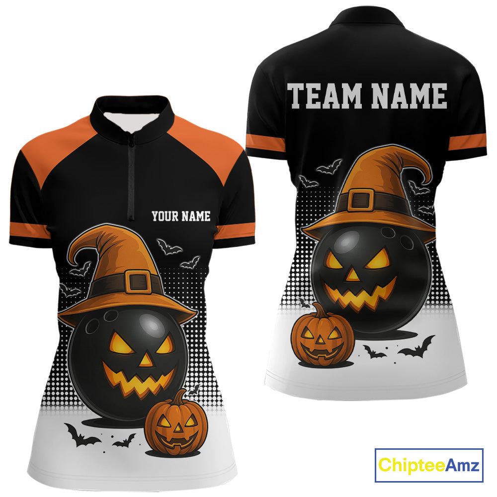 Black and Orange Funny Halloween Bowling Polo, 1/4 Zip Shirts For Women Custom team Bowling jersey NQS10780