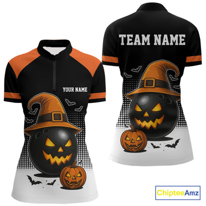 Black and Orange Funny Halloween Bowling Polo, 1/4 Zip Shirts For Women Custom team Bowling jersey NQS10780