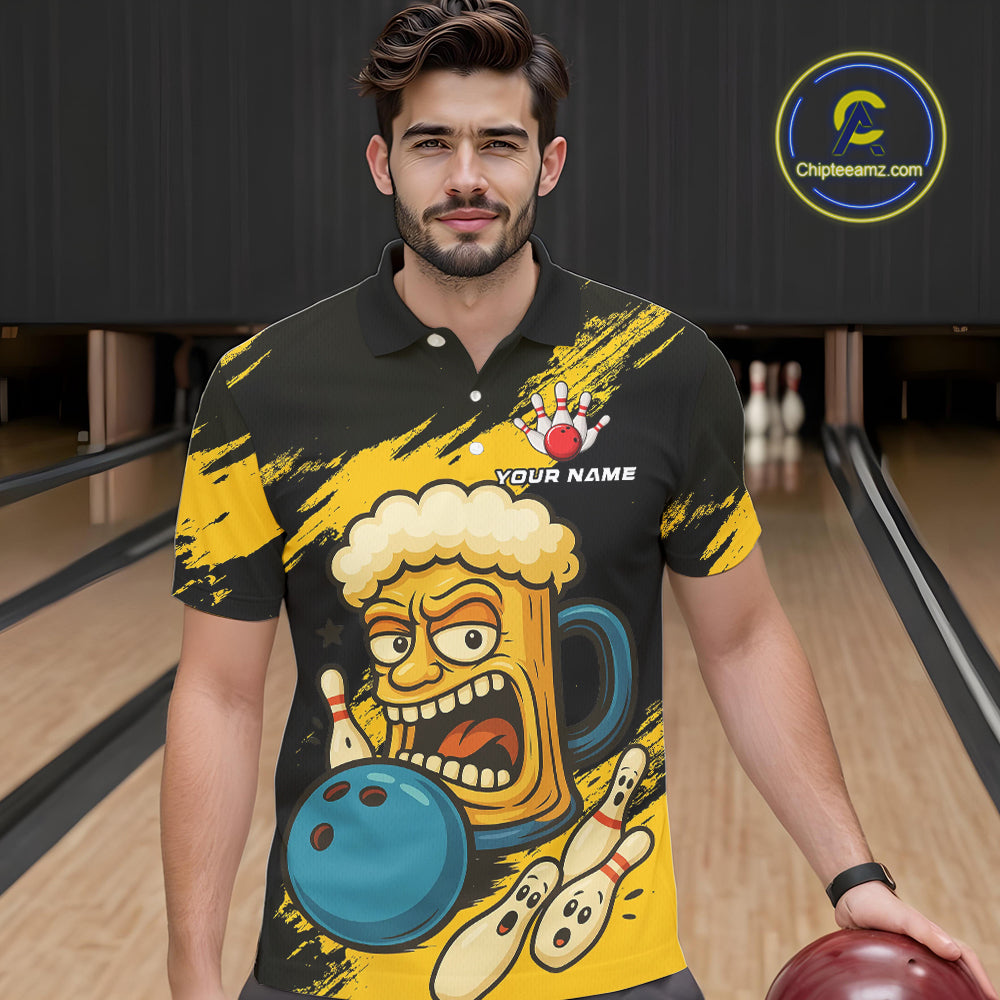 Black And Yellow Funny Beer Bowling Men Polo, 1/4 Zip Shirts Custom Angry Beer Glass Bowling Jersey NQS10784