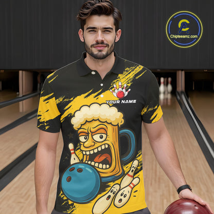 Black And Yellow Funny Beer Bowling Men Polo, 1/4 Zip Shirts Custom Angry Beer Glass Bowling Jersey NQS10784