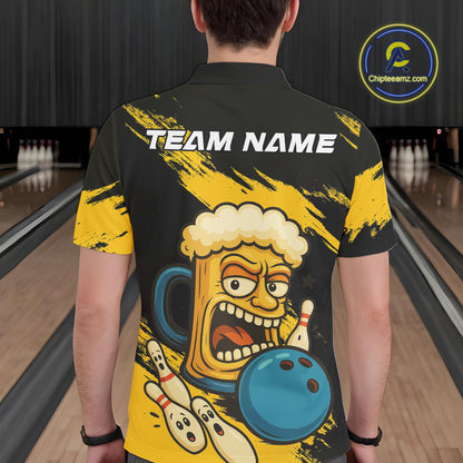 Black And Yellow Funny Beer Bowling Men Polo, 1/4 Zip Shirts Custom Angry Beer Glass Bowling Jersey NQS10784