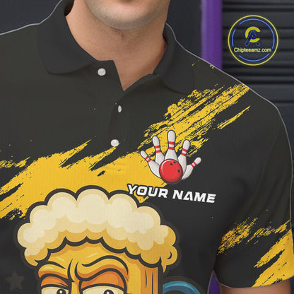 Black And Yellow Funny Beer Bowling Men Polo, 1/4 Zip Shirts Custom Angry Beer Glass Bowling Jersey NQS10784