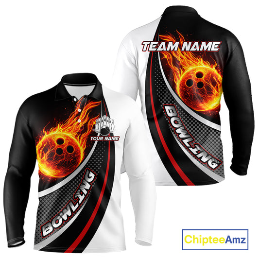 Personalized Black & White Red Flame Bowling Polo, 1/4 zip Team Shirts For Men, Gifts For Bowlers NQS11358