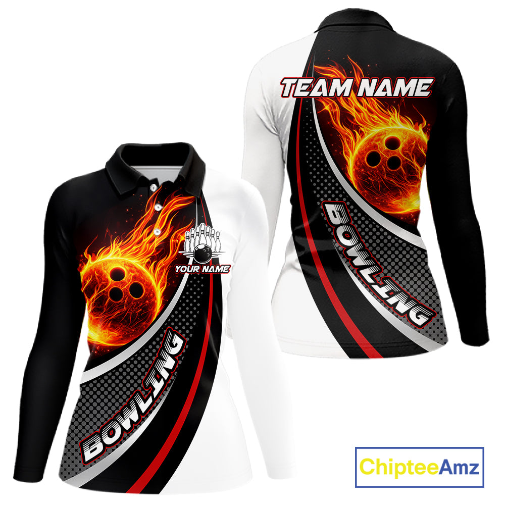 Personalized Black & White Red Flame Bowling Polo, 1/4 zip Team Shirts For Women, Gifts For Bowlers NQS11358