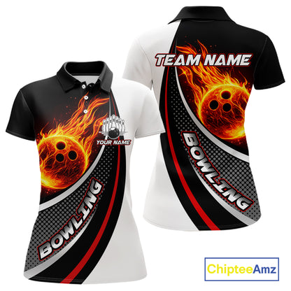 Personalized Black & White Red Flame Bowling Polo, 1/4 zip Team Shirts For Women, Gifts For Bowlers NQS11358