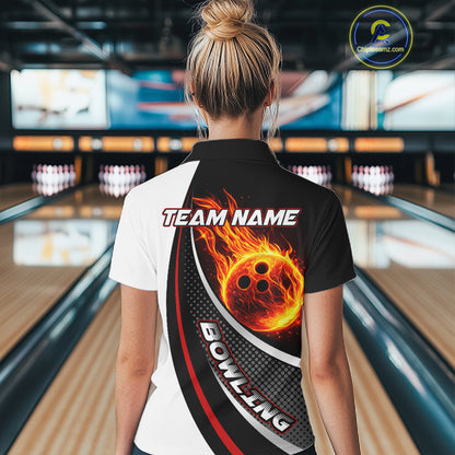 Personalized Black & White Red Flame Bowling Polo, 1/4 zip Team Shirts For Women, Gifts For Bowlers NQS11358