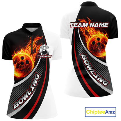 Personalized Black & White Red Flame Bowling Polo, 1/4 zip Team Shirts For Women, Gifts For Bowlers NQS11358