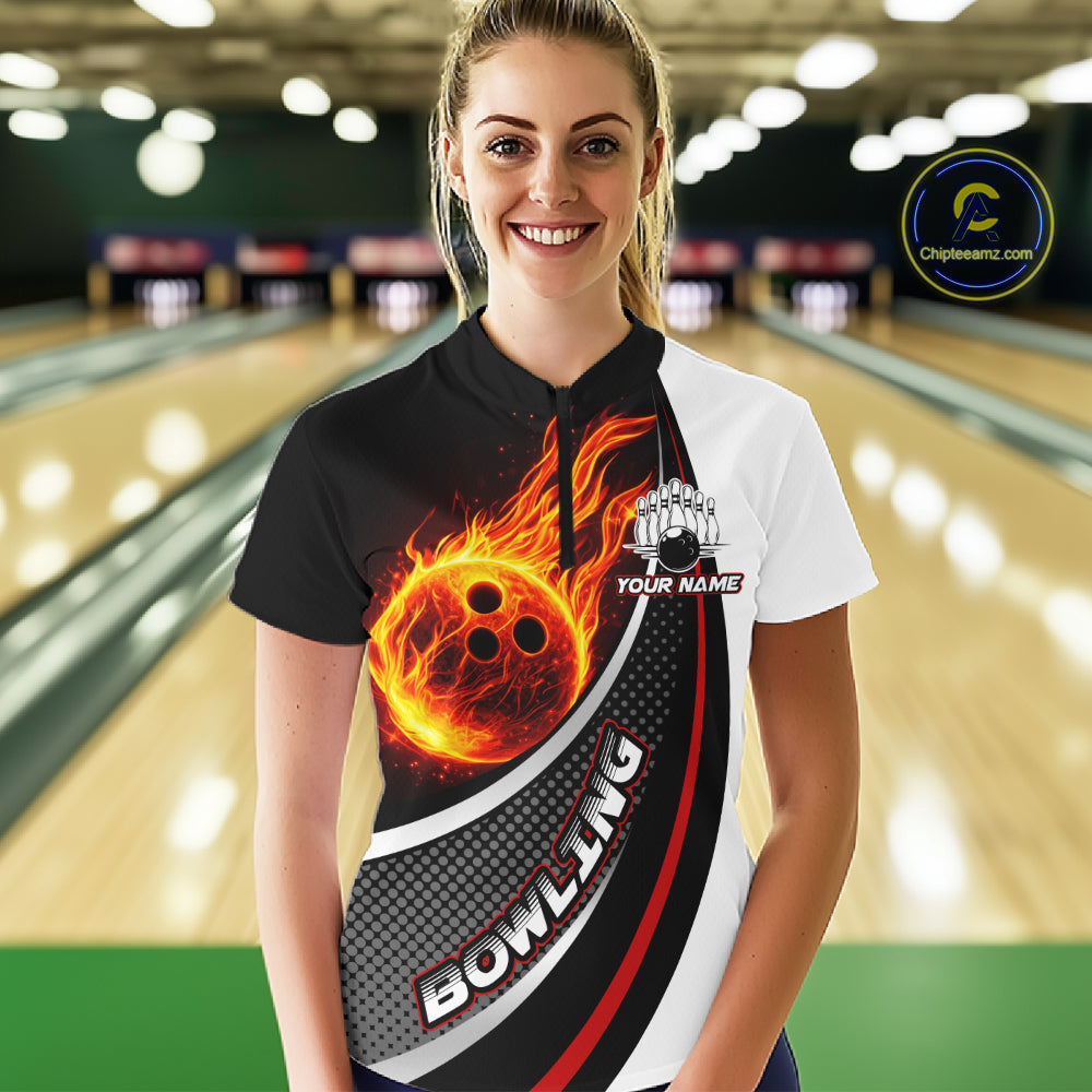 Personalized Black & White Red Flame Bowling Polo, 1/4 zip Team Shirts For Women, Gifts For Bowlers NQS11358