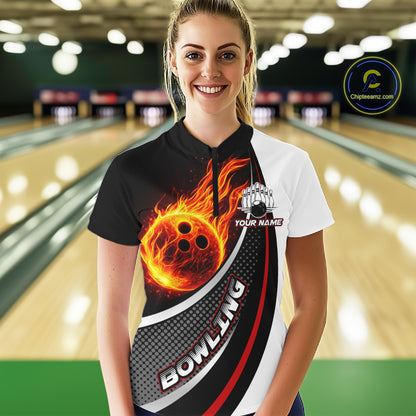 Personalized Black & White Red Flame Bowling Polo, 1/4 zip Team Shirts For Women, Gifts For Bowlers NQS11358
