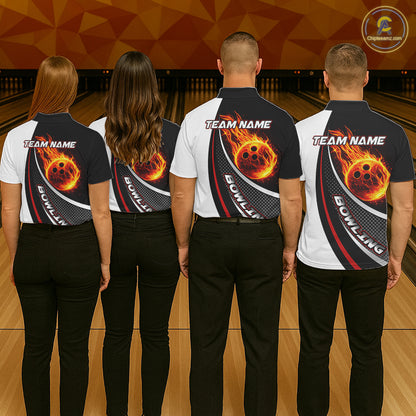 Personalized Black & White Red Flame Bowling Polo, 1/4 zip Team Shirts For Men, Gifts For Bowlers NQS11358