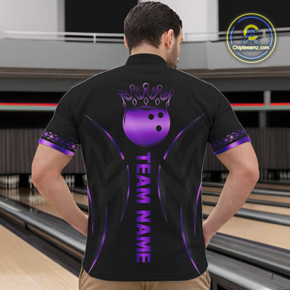 Black and Purple crown Bowling ball Polo, Quarter Zip Shirts for Men Custom Bowling Team jerseys NQS10046