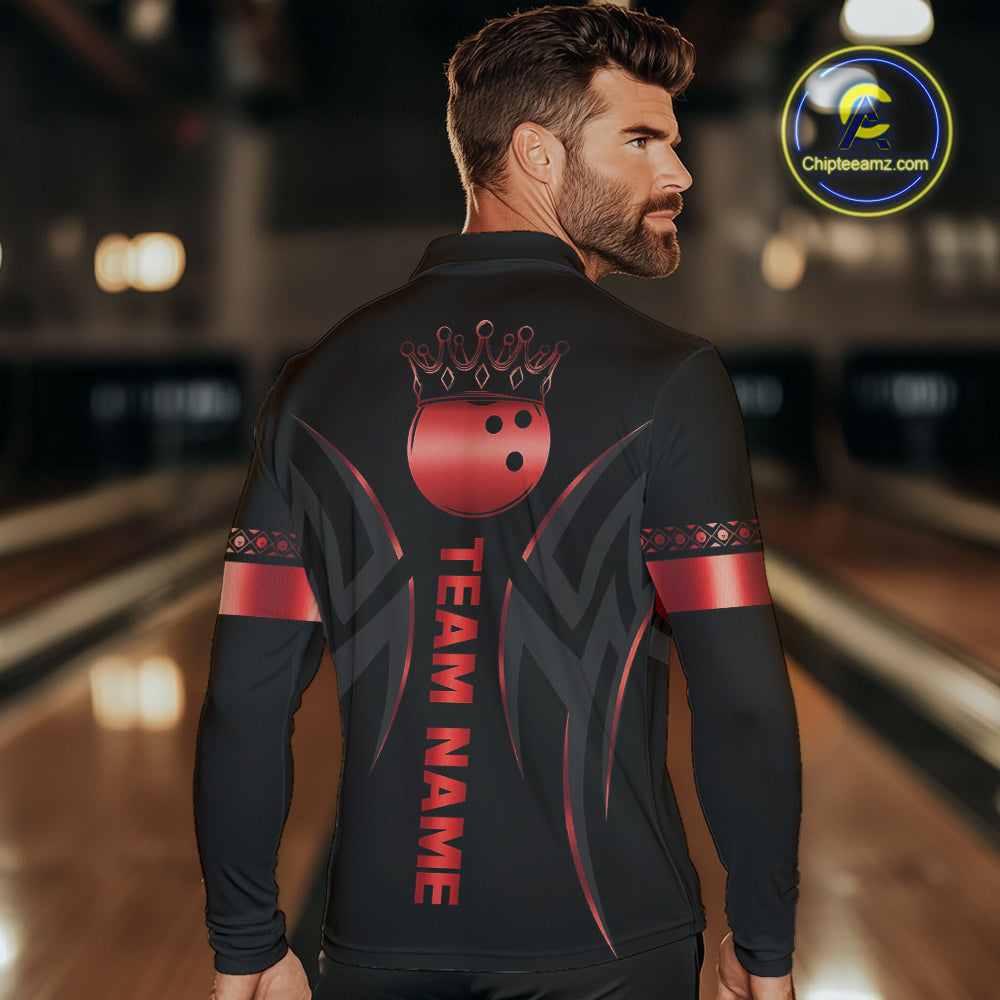 Black and Red crown Bowling ball Polo, Quarter Zip Shirts for Men Custom Bowling Team jerseys NQS10047