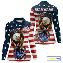 Load image into Gallery viewer, Vintage American Flag Eagle Bowling Polo,1/4 Zip Shirt for Women Custom Patriotic Team Bowling Jersey NQS10569
