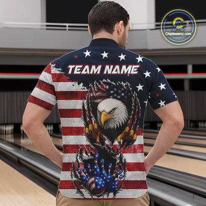 Vintage American Flag Eagle Bowling Polo, 1/4 Zip Shirt for Men Custom Patriotic Team Bowling Jersey NQS10569