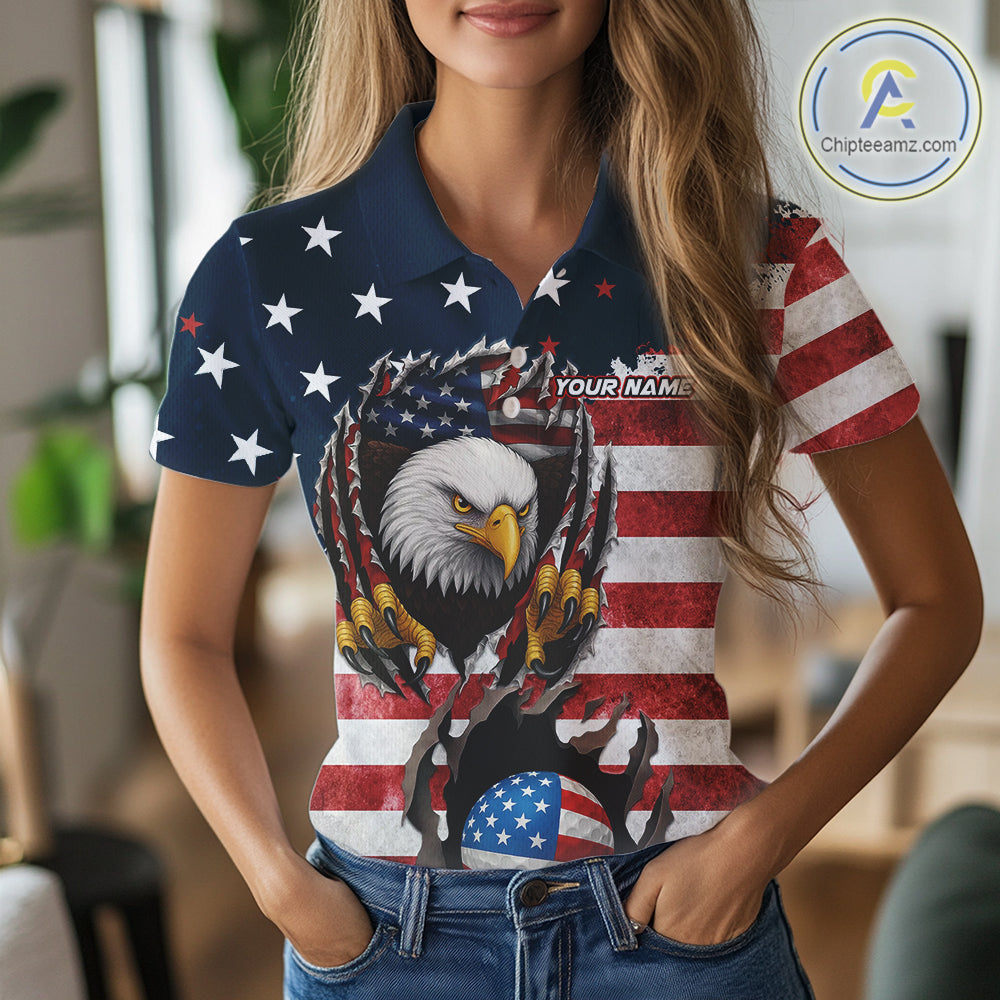Vintage American Flag Eagle Womens golf polo shirts Custom Patriotic Team Golf top for ladies NQS10570