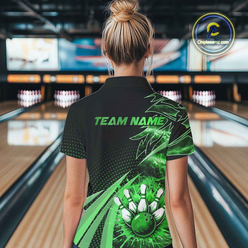 Black and Green Bowling Polo, 1/4 zip shirts For Women Custom Team Bowling Jerseys, Gift For Bowlers NQS10787