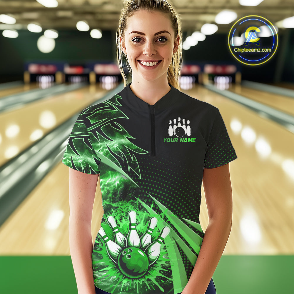Black and Green Bowling Polo, 1/4 zip shirts For Women Custom Team Bowling Jerseys, Gift For Bowlers NQS10787