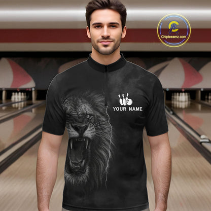 Lightning Thunder Smoke Lion Bowling Polo, 1/4 Zip Shirts For Men Custom Lion Team Bowling Jerseys NQS11162