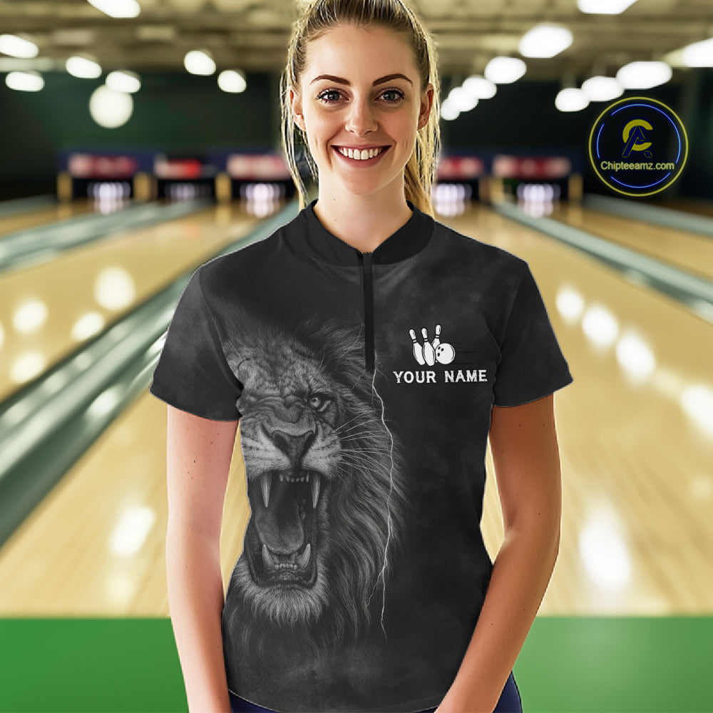 Lightning Thunder Smoke Lion Bowling Polo, 1/4 Zip Shirts For Women Custom Lion Team Bowling Jerseys NQS11162