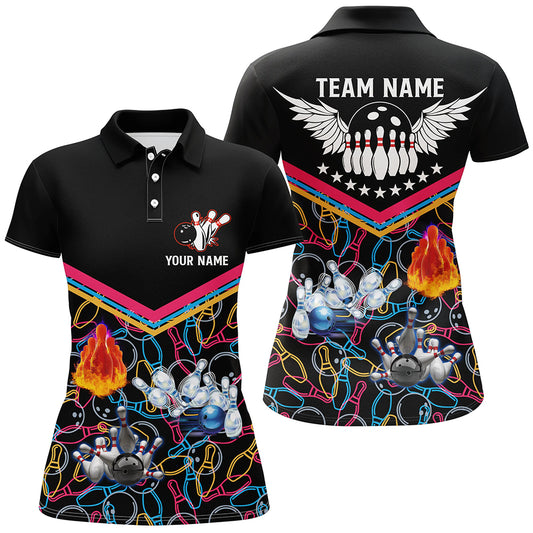 Custom Multicolor black bowling shirt for women – personalized team jersey front view